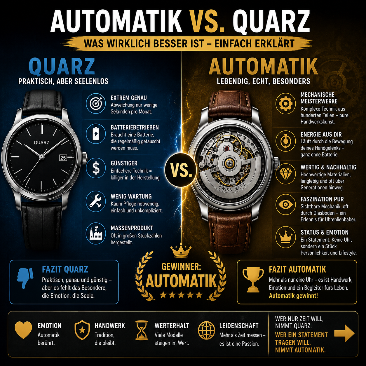 ⌚ Automatik vs. Quarz: Was wirklich besser ist (einfach erklärt) 🔥